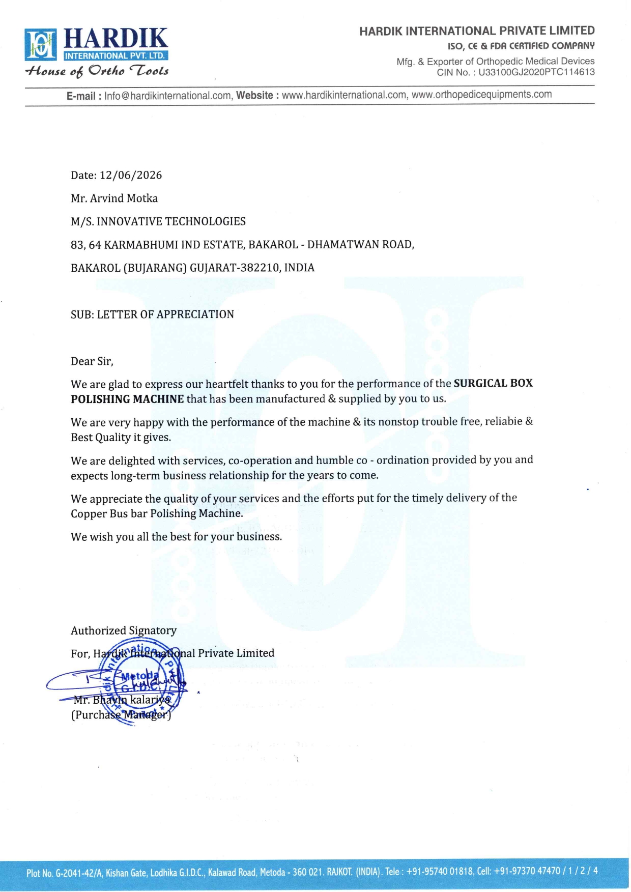 Formal appreciation letter on Hardik International letterhead, dated 12/06/2026, with subject 'LETTER OF APPRECIATION' and official stamp at the bottom.